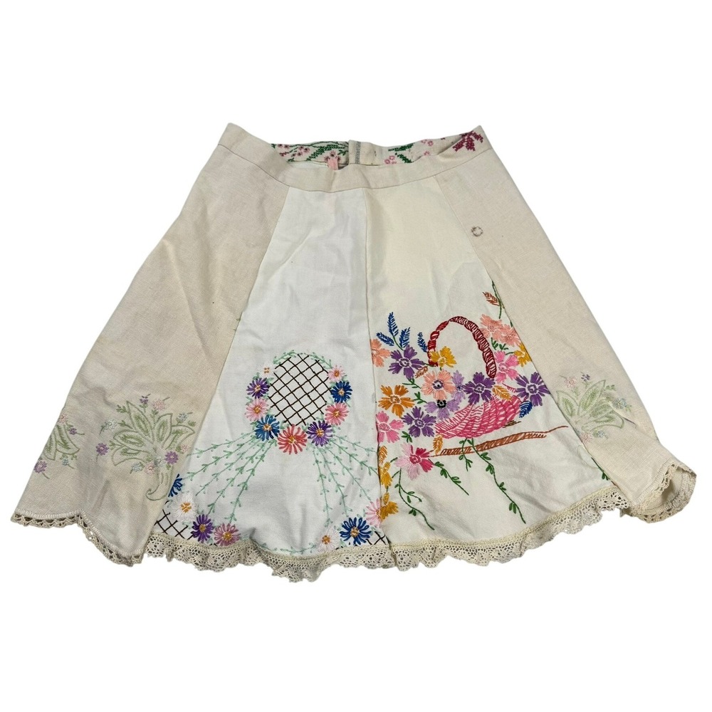 OOAK Reworked Vintage Embroidered Linen Skirt Cottagecore Prairie Bohemian